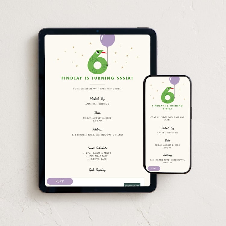 "Happy Six" - Online Kids Birthday Invitations in Orchid by mo kelley - Mobile + desktop layout
