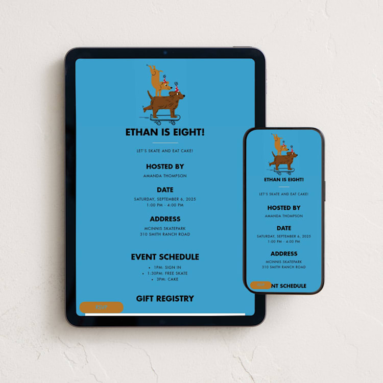 "Skate Dogs" - Online Kids Birthday Invitations in Blue Skies by mo kelley - Mobile + desktop layout
