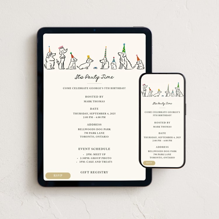 "It's Pawty Time" - Online Kids Birthday Invitations in Rainbow by mo kelley - Mobile + desktop layout