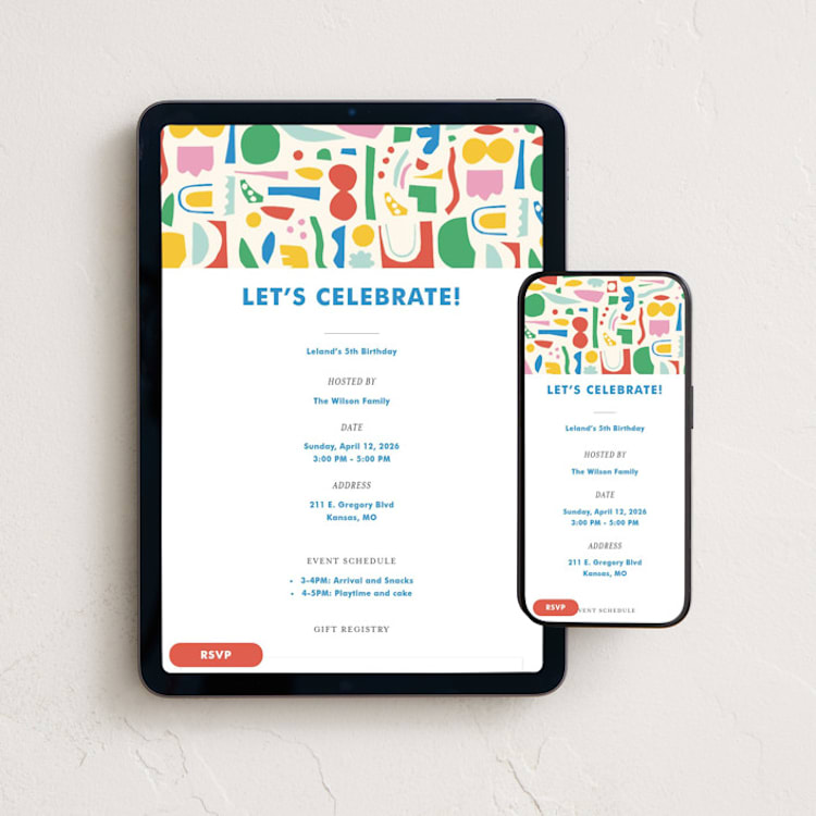 "Let's Celebrate Shapes" - Online Kids Birthday Invitations in Clay by Ampersand Design Studio - Mobile + desktop layout