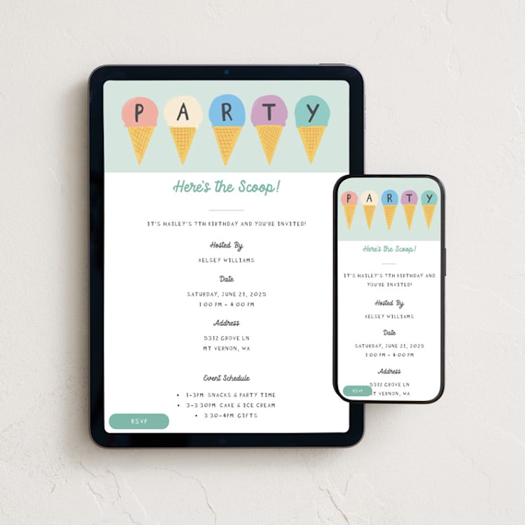 "Here's the scoop" - Online Kids Birthday Invitations in Mint by Karidy Walker - Mobile + desktop layout