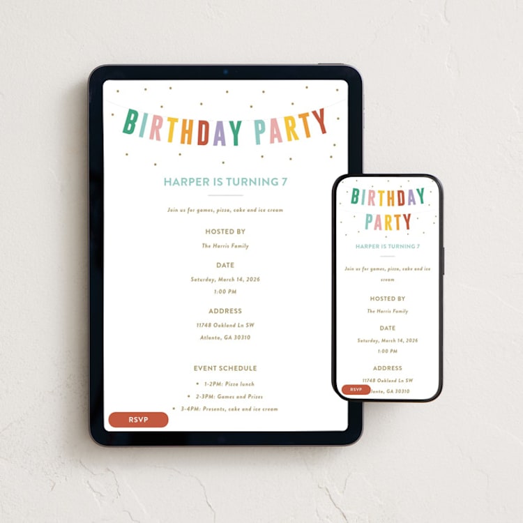 "Birthday Banner" - Online Kids Birthday Invitations in Rainbow by Angela Garrick - Mobile + desktop layout