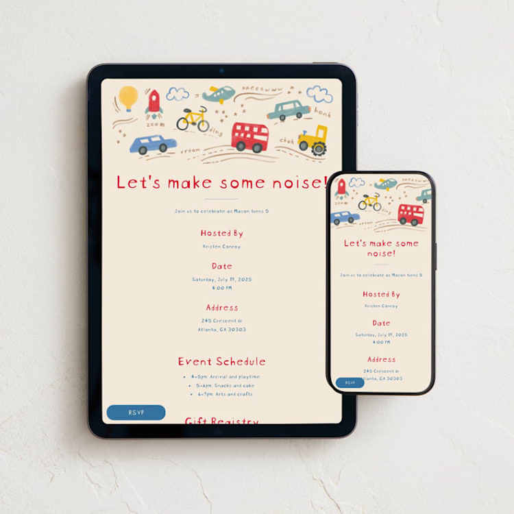 "Make some noise" - Online Kids Birthday Invitations in Fire Engine by Creo Study - Mobile + desktop layout