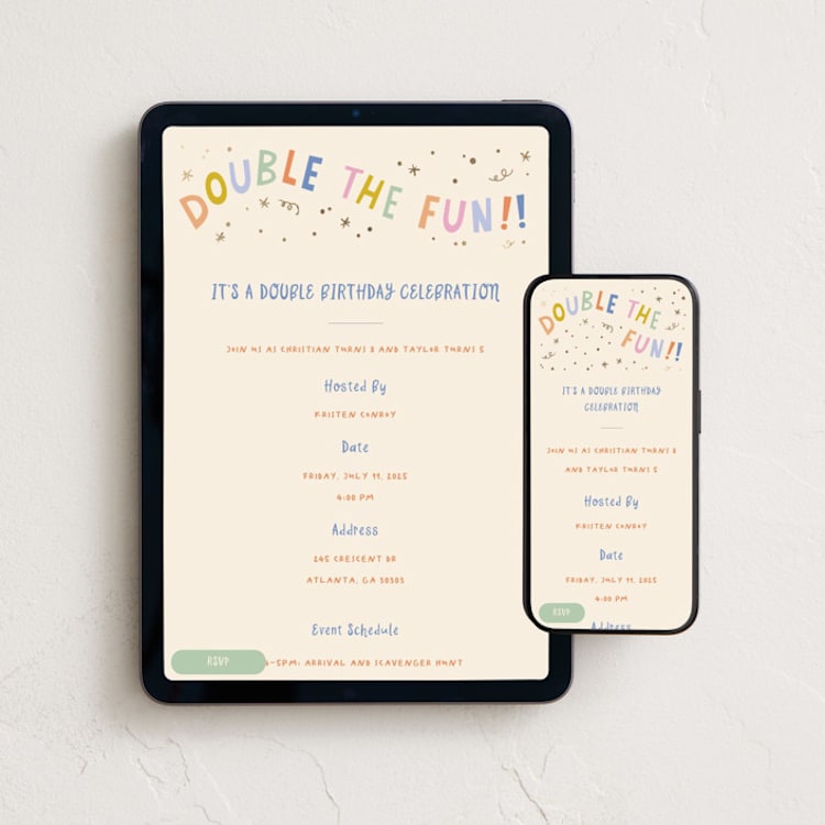 "Double the fun" - Online Kids Birthday Invitations in Rainbow by Creo Study - Mobile + desktop layout