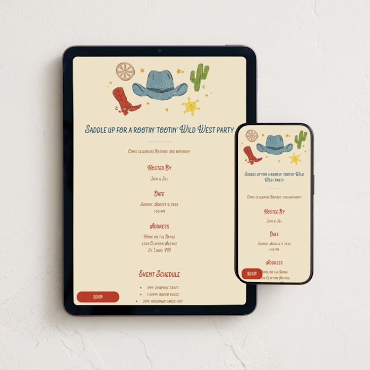 "Wild West" - Online Kids Birthday Invitations in Tumbleweed by Annie Montgomery - Mobile + desktop layout