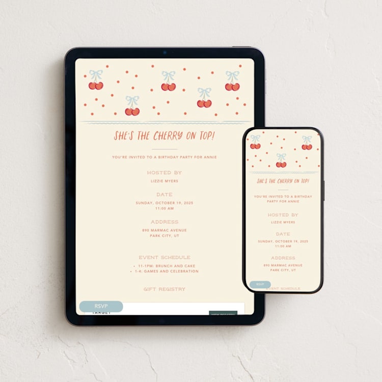 "Cherry on Top!" - Online Kids Birthday Invitations in Cream by Robert and Stella - Mobile + desktop layout
