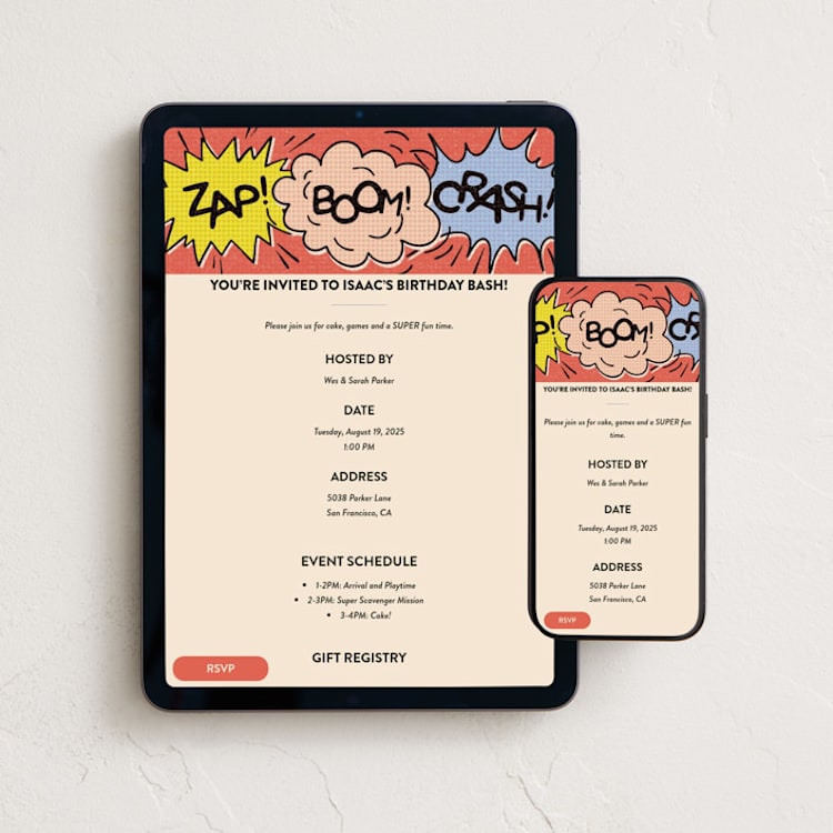 "Superhero Strip" - Online Kids Birthday Invitations in Fireball by Meggy Masters - Mobile + desktop layout