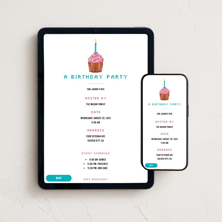 "8 Bit Cupcake" - Online Kids Birthday Invitations in Cotton by Becky Nimoy - Mobile + desktop layout