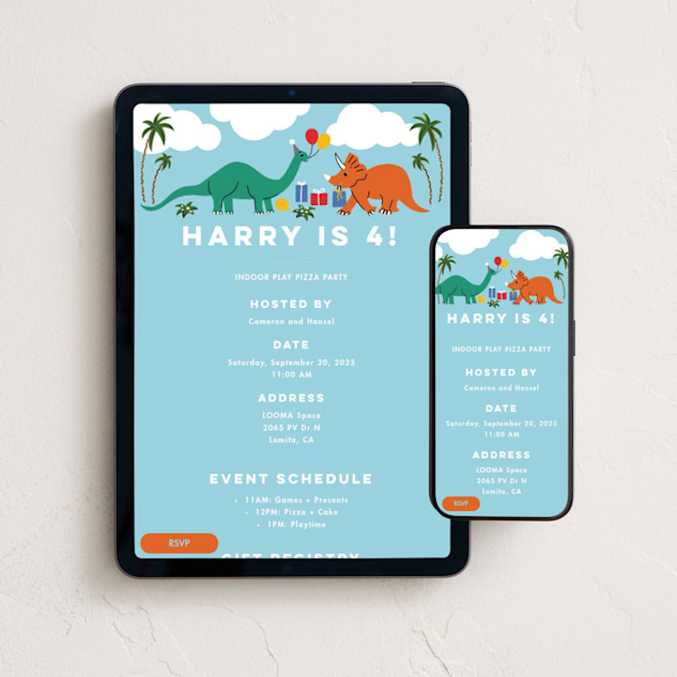 "Dinosaur" - Online Kids Birthday Invitations in Sky Blue by Becky Nimoy - Mobile + desktop layout