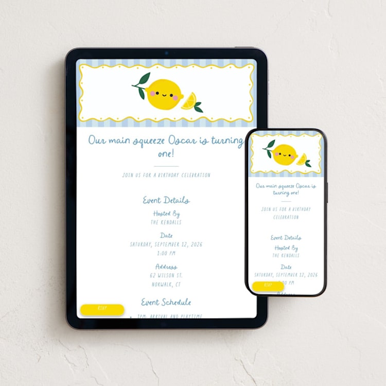 "Lemons" - Online Kids Birthday Invitations in Blueberry by Jennifer Lew - Mobile + desktop layout