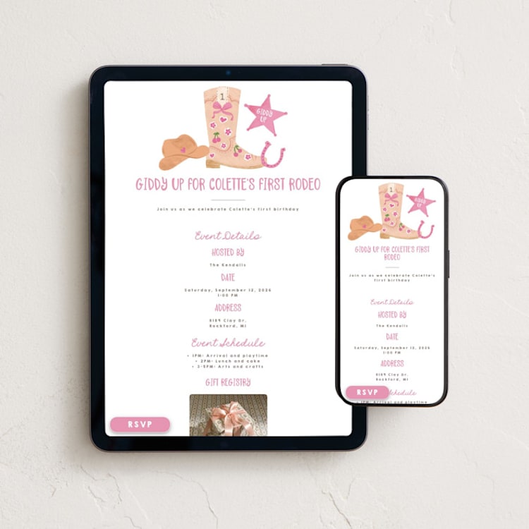 "lets Rodeo" - Online Kids Birthday Invitations in Rose by Creo Study - Mobile + desktop layout