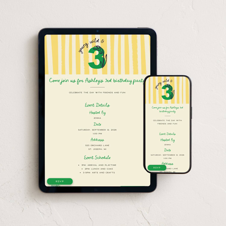 "Wild and Three" - Online Kids Birthday Invitations in Buttercup by Jenna Holcomb - Mobile + desktop layout