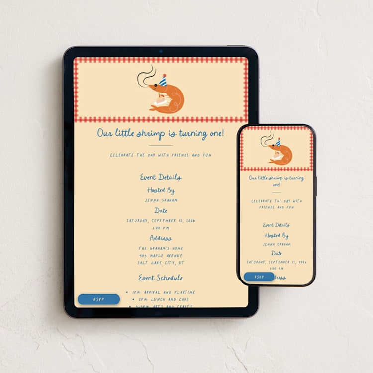 "Party Prawn" - Online Kids Birthday Invitations in Cajun by Jennifer Lew - Mobile + desktop layout