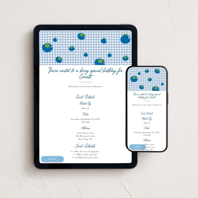 "Berry Sweet" - Online Kids Birthday Invitations in Blueberry by Sarah Hawkins Designs - Mobile + desktop layout