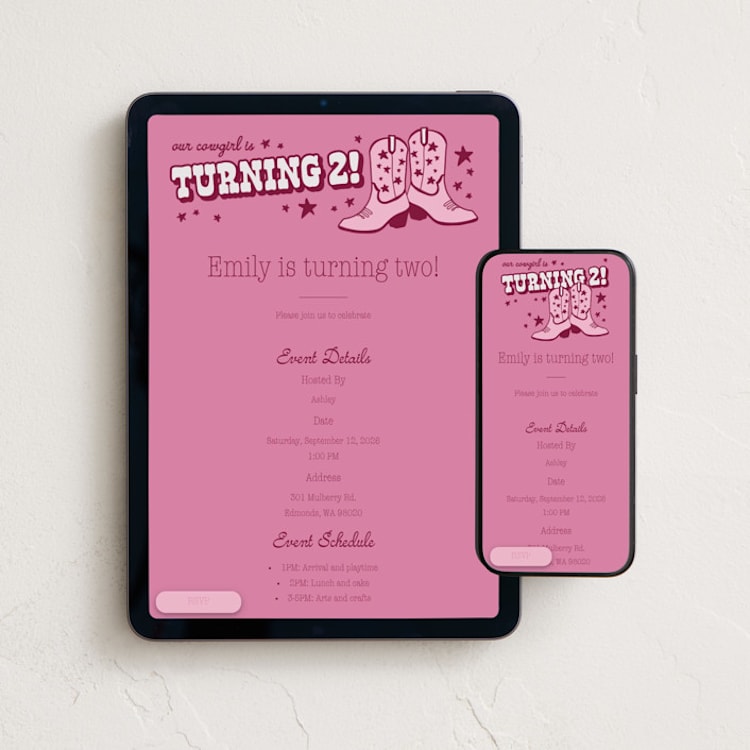 "Little Cowgirl" - Online Kids Birthday Invitations in Cotton Candy by Wendy Taylor - Mobile + desktop layout