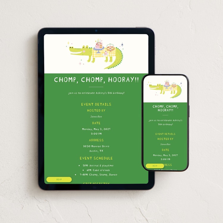 "Chomp, Chomp, Hooray!" - Online Kids Birthday Invitations in Keylime by Oh Doodle Doo - Mobile + desktop layout