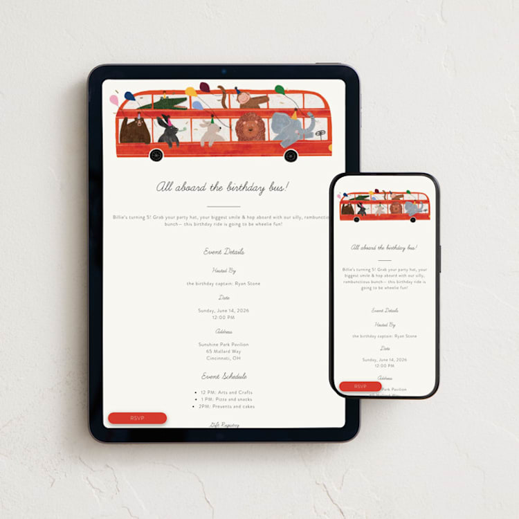 "Birthday Bus" - Online Kids Birthday Invitations in Blackberry by Sierra Lee - Mobile + desktop layout