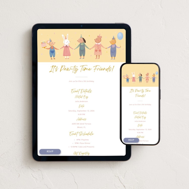 "Paw-ty Time Friends" - Online Kids Birthday Invitations in Lemonade by Kim Thoa - Mobile + desktop layout