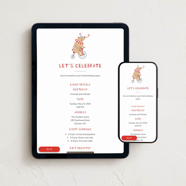 "Cycling bear" - Online Kids Birthday Invitations in Cardinal by Ester Bernaldo de Quiros - Mobile + desktop layout