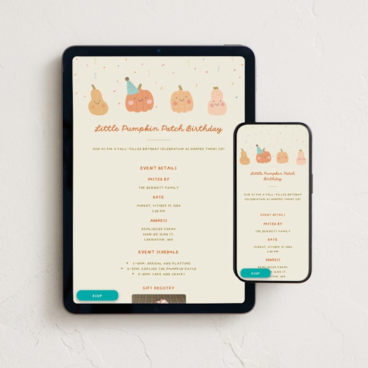 "Little Pumpkin Party" - Online Kids Birthday Invitations in Harvest Teal by Stephanie Heinrich Godbout - Mobile + desktop layout