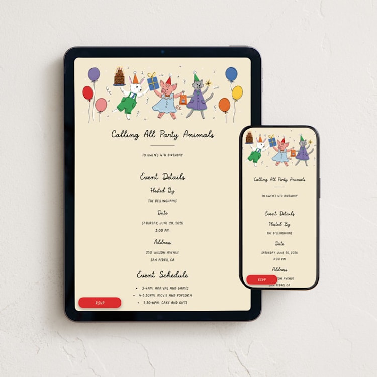 "Party Animals" - Online Kids Birthday Invitations in Latte by Becky Nimoy - Mobile + desktop layout