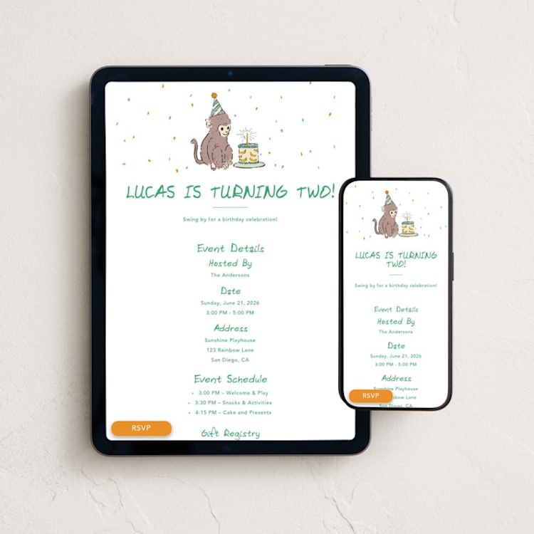 "Baby Monkey" - Online Kids Birthday Invitations in Matcha Milk by Cass Loh - Mobile + desktop layout