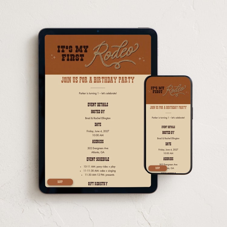 "First Rodeo" - Online Kids Birthday Invitations in Rust by taylorVdesign - Mobile + desktop layout