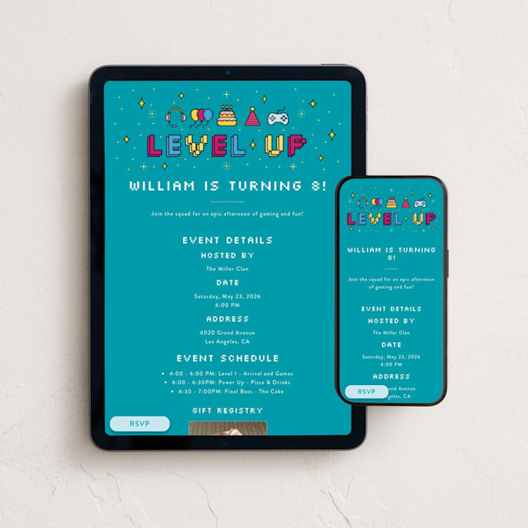 "Level Up" - Online Kids Birthday Invitations in Electric Teal by Ana de Sousa - Mobile + desktop layout