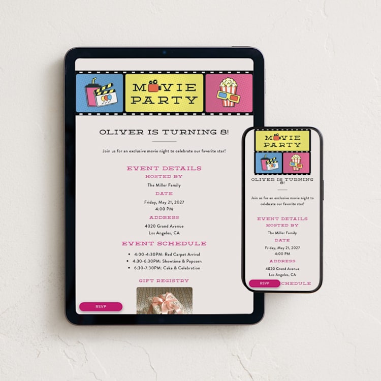 "The Premiere" - Online Kids Birthday Invitations in Popcorn Pop by Ana de Sousa - Mobile + desktop layout