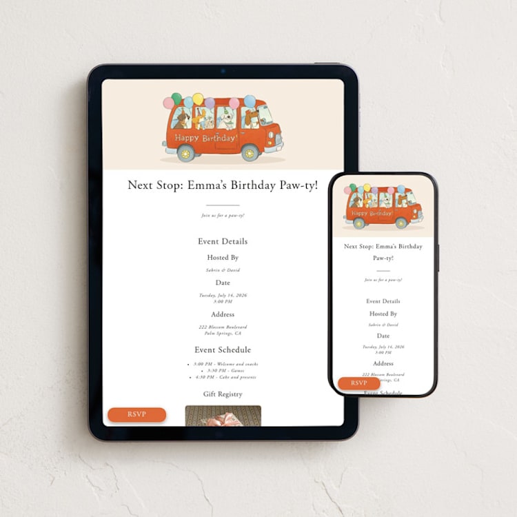 "Pawty Bus Adventure" - Online Kids Birthday Invitations in Vanilla by Sabrin Deirani - Mobile + desktop layout