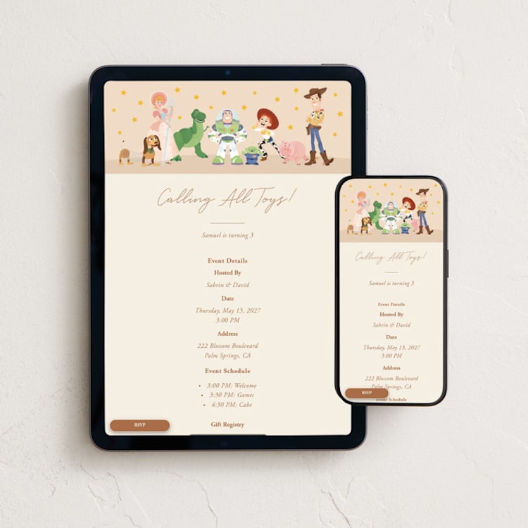 "Disney and Pixar's Toy Story Friends" - Online Kids Birthday Invitations in Taupe by Sabrin Deirani - Mobile + desktop layout