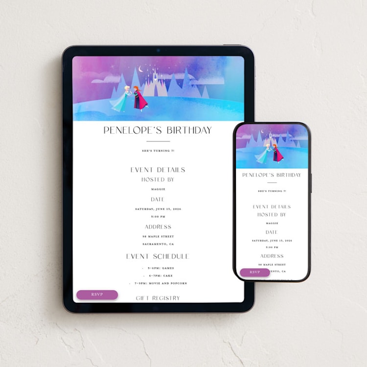 "Elsa and Anna from Disney's Frozen" - Online Kids Birthday Invitations in Twilight by Lori Wemple - Mobile + desktop layout