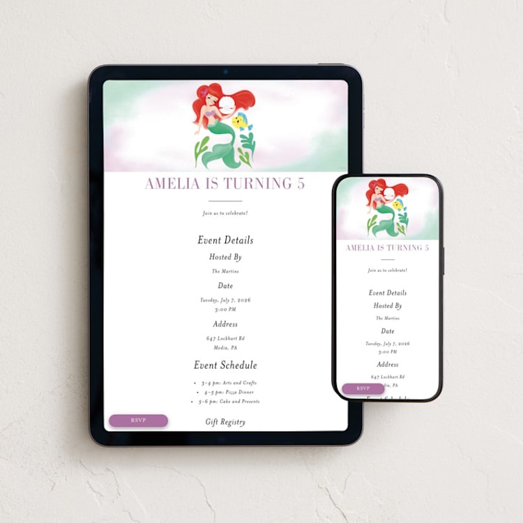 "Disney's Little Mermaid Shellebrate!" - Online Kids Birthday Invitations in Lilac by Itsy Belle Studio - Mobile + desktop layout