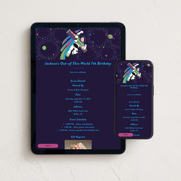 "Disney and Pixar birthday Buzz" - Online Kids Birthday Invitations in Grape by Katie Zimpel - Mobile + desktop layout