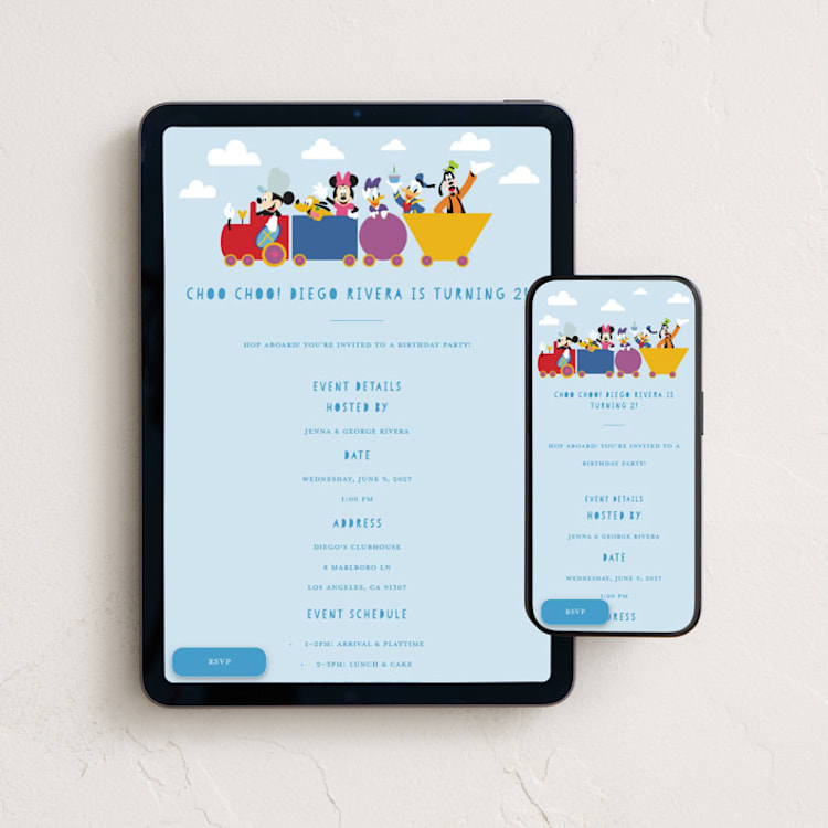 "Disney Mickey & Friends Birthday Train" - Online Kids Birthday Invitations in Sky by Madhvi Samimi - Mobile + desktop layout