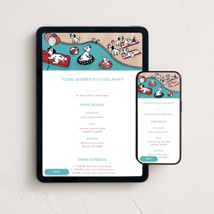 "Disney's 101 Dalmatians Pool Pawty" - Online Kids Birthday Invitations in Firetruck by Jenna Holcomb - Mobile + desktop layout