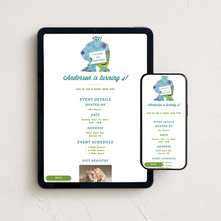 "Disney and Pixar's Monster's Inc Party" - Online Kids Birthday Invitations in Marshmallow by Holly Whitcomb - Mobile + desktop layout