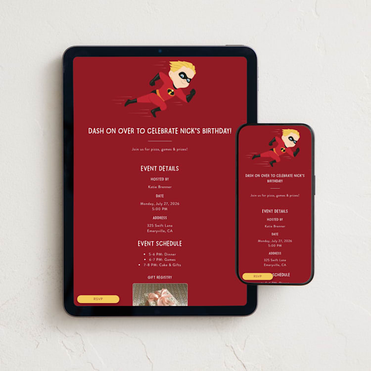 "Disney and Pixar's The Incredibles Dash" - Online Kids Birthday Invitations in Siren by Kacey Kendrick Wagner - Mobile + desktop layout