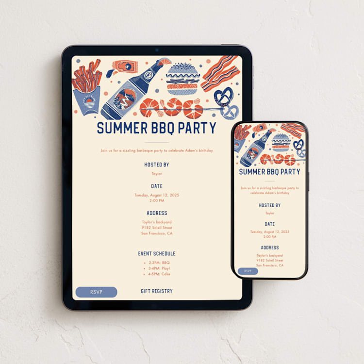 "Summer BBQ" - Online Party Invitations in Burgers by Vivian Yiwing - Mobile + desktop layout