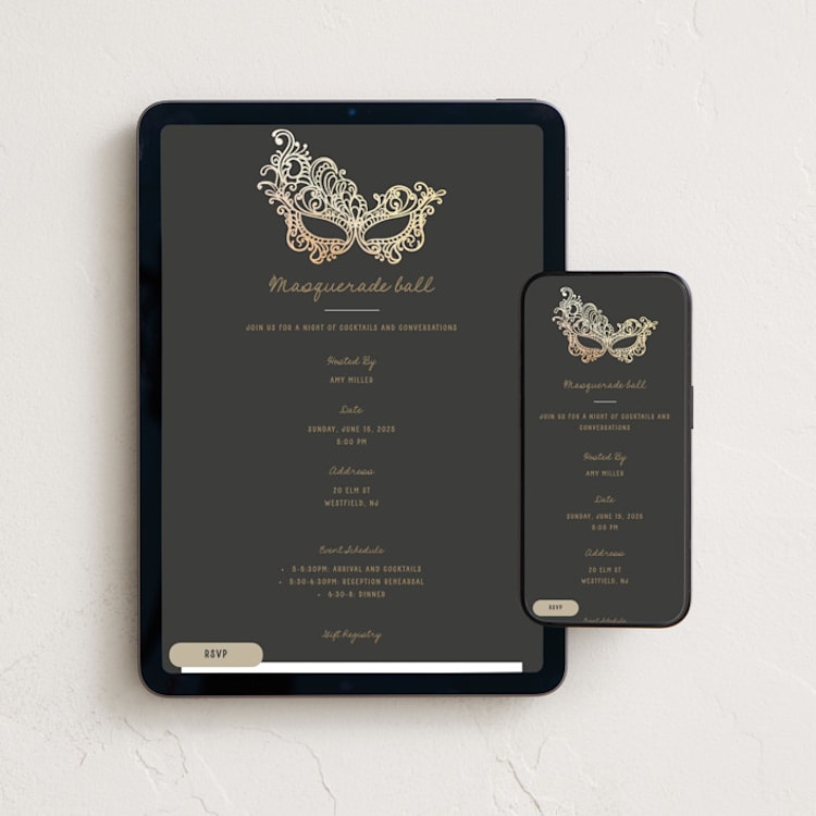 "Masquerade" - Online Party Invitations in Smoke by Teju Reval - Mobile + desktop layout
