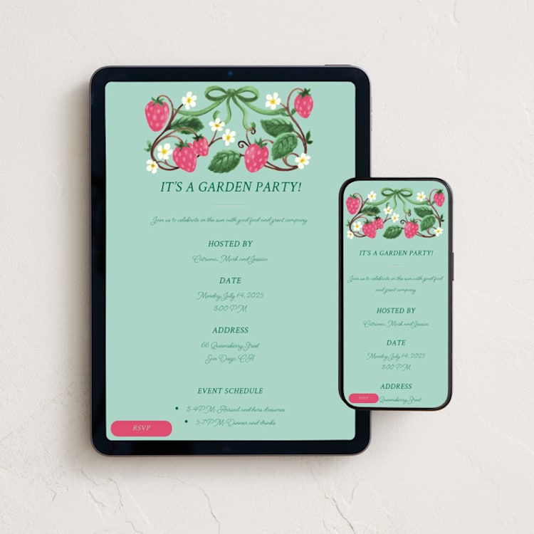 "strawberry" - Online Party Invitations in Peacock by Anna Black - Mobile + desktop layout