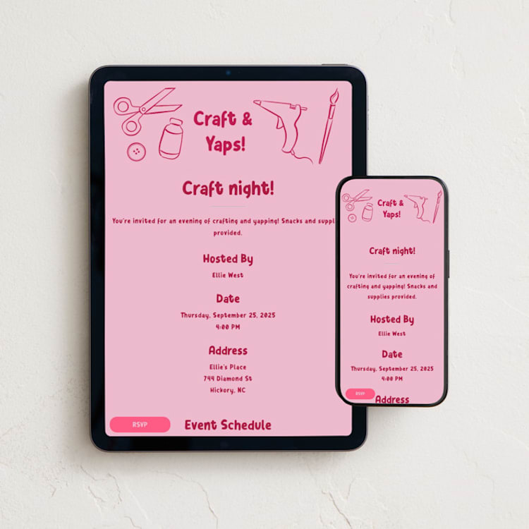 "Craft & Yaps!" - Online Party Invitations in Raspberry by Julia Starr - Mobile + desktop layout