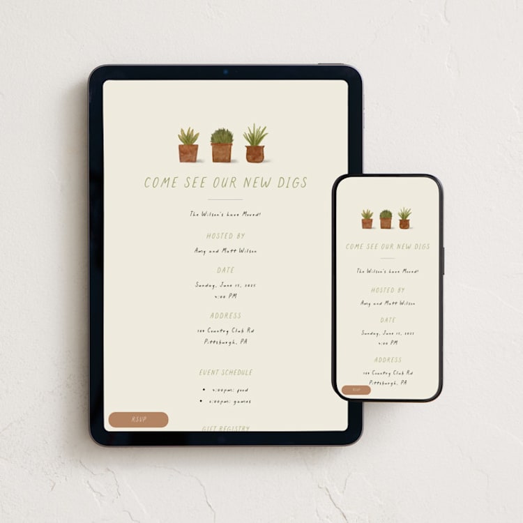 "New Digs" - Online Party Invitations in Succulent by Sarah Hawkins Designs - Mobile + desktop layout