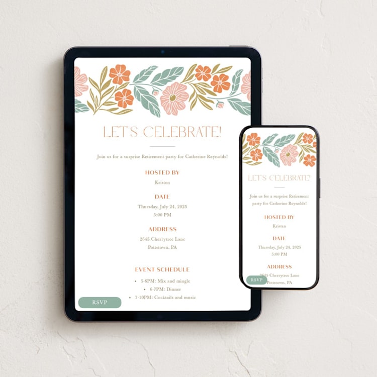 "Flowers and Friends" - Online Party Invitations in Peach by Brandy Folse - Mobile + desktop layout