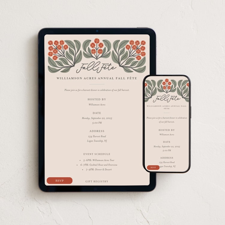 "Fall Fête" - Online Party Invitations in Bittersweet by Meggy Masters - Mobile + desktop layout