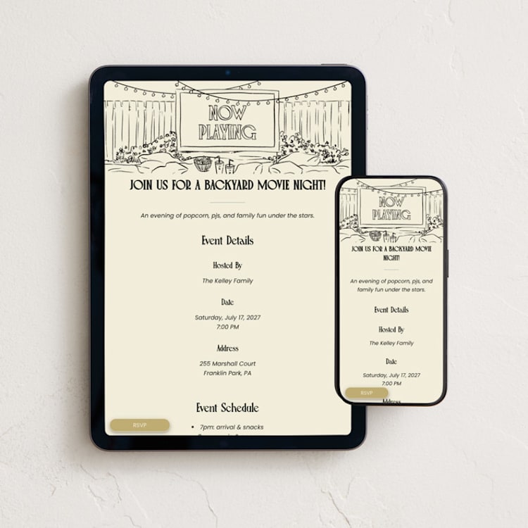 "Now Playing!" - Online Party Invitations in Cream by Emily Sabol Goss - Mobile + desktop layout