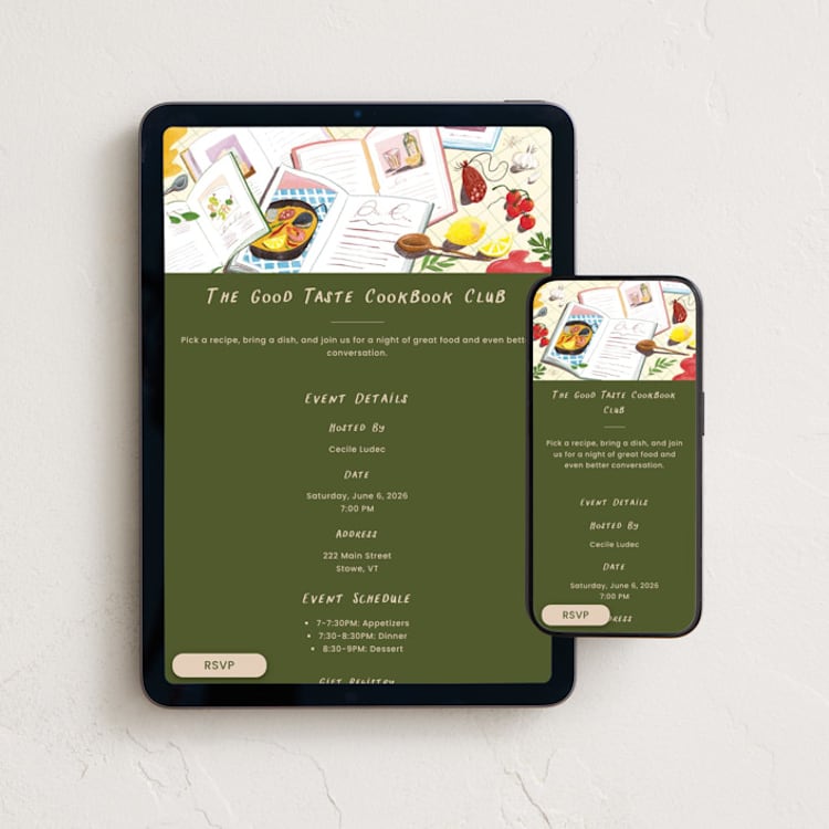 "Good Taste Cookbook Club" - Online Party Invitations in Avocado by Kayla King - Mobile + desktop layout