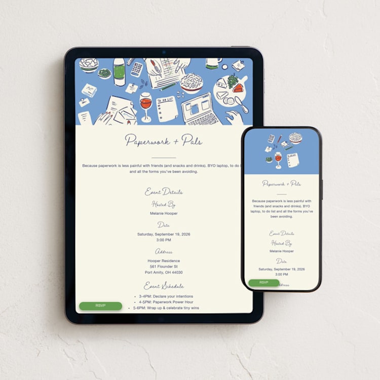 "Paperwork and Pals" - Online Party Invitations in Denim by Corinne Malesic - Mobile + desktop layout