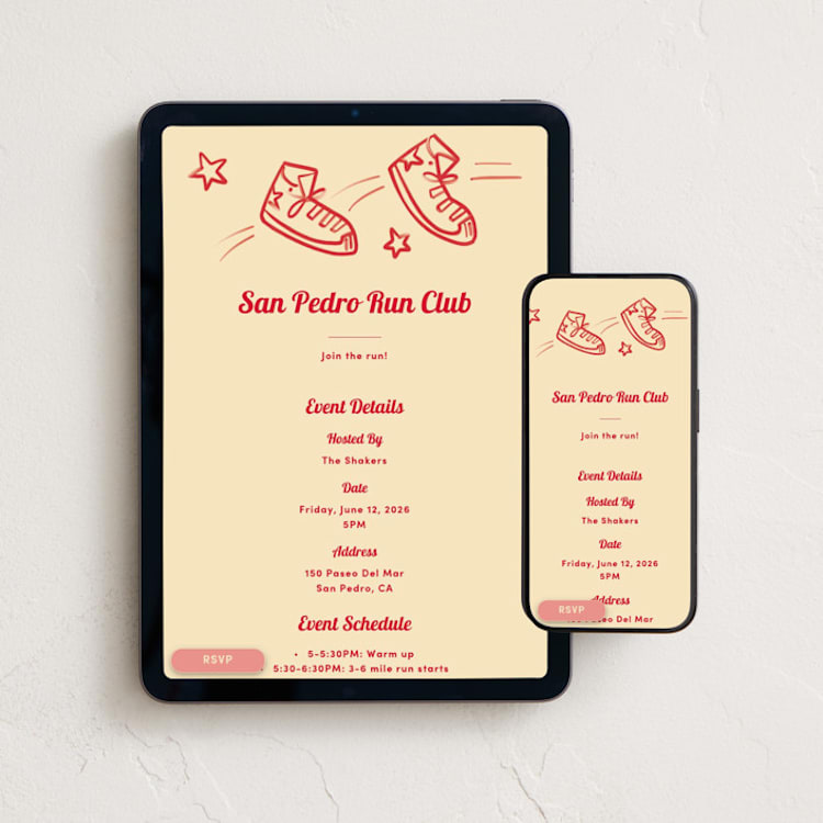 "Run Club Shoes" - Online Party Invitations in Cream by Becky Nimoy - Mobile + desktop layout