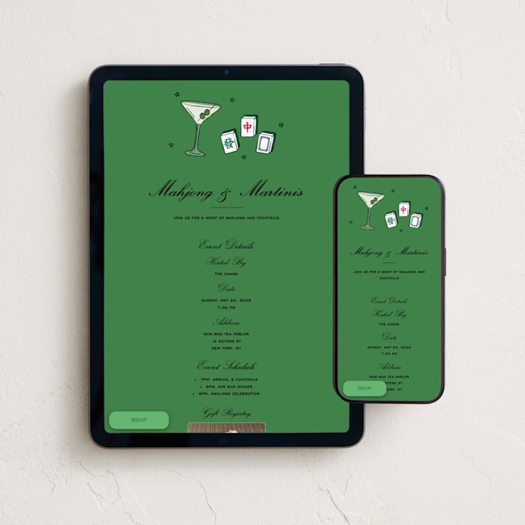 "Mahjong" - Online Party Invitations in Bamboo by Jennifer Lew - Mobile + desktop layout